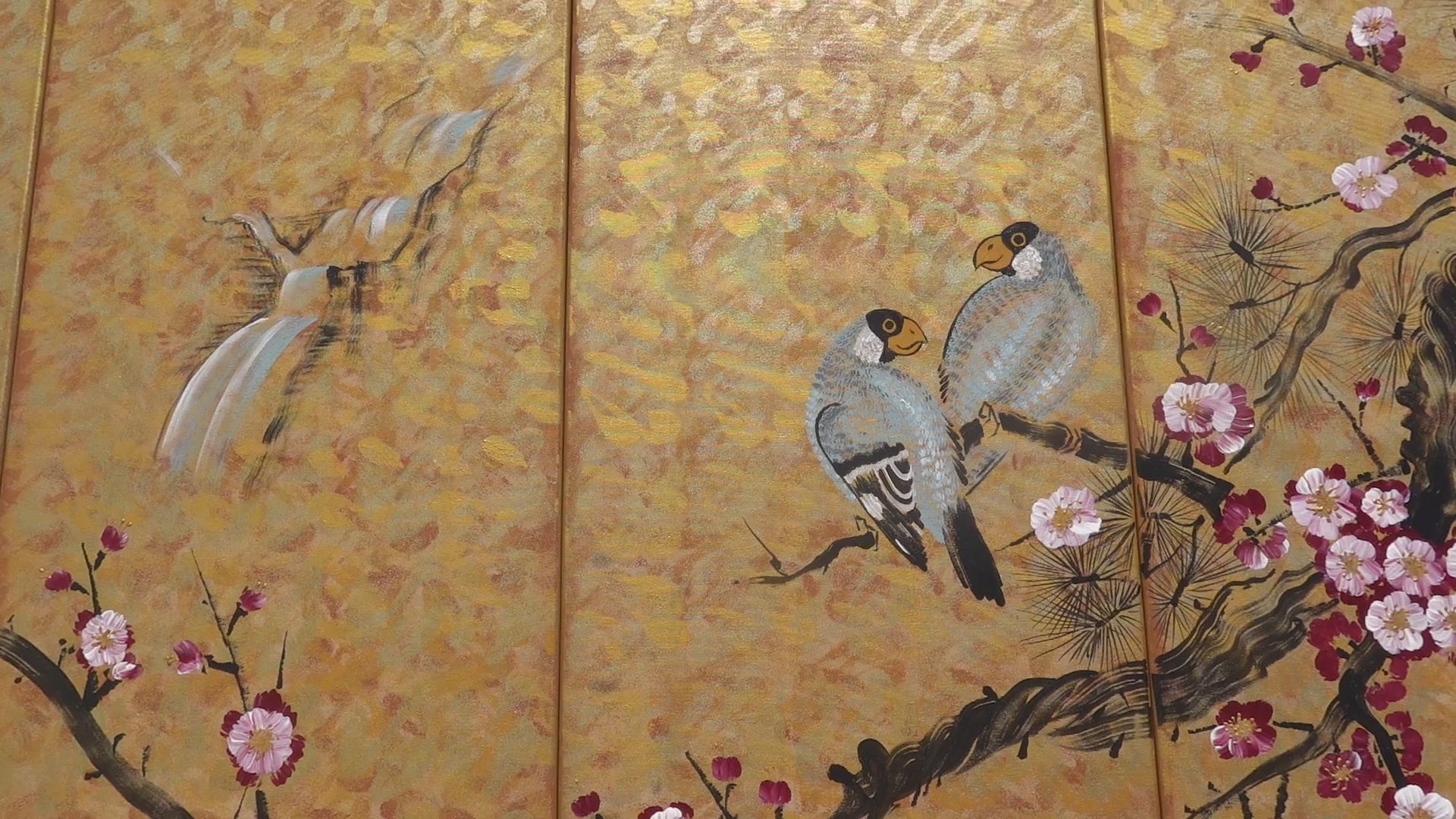 Sakura and love birds J348 Japanese gold painting - set of 4 canvases - Large gold paintings by Ksavera