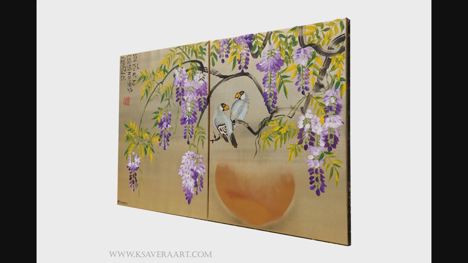 Wisteria and love birds J321 is a Japanese diptych. Original Acrylic Paintings on stretched gold canvas by artist Ksavera