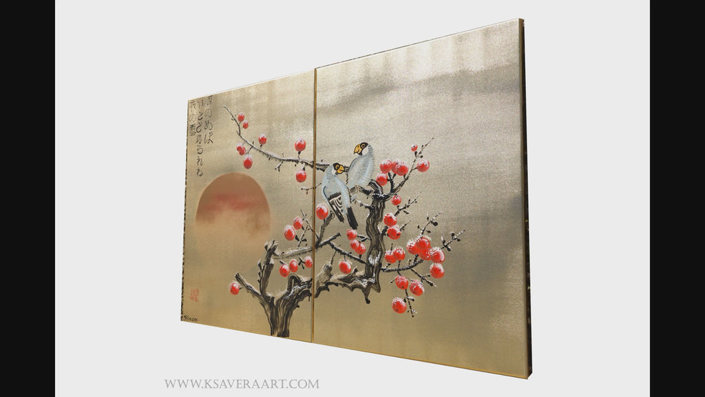 Apple tree in snow and love birds J323 is a Japanese diptych. Original Acrylic Painting on stretched gold canvas by artist Ksavera.