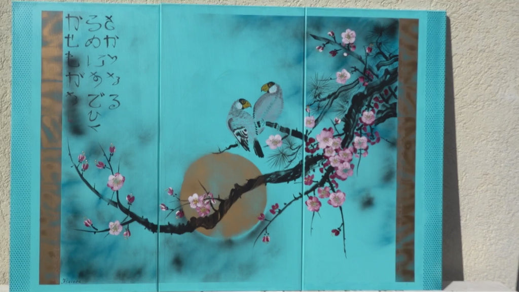 Sakura and love birds J238 is a large Japanese turquoise triptych by Ksavera