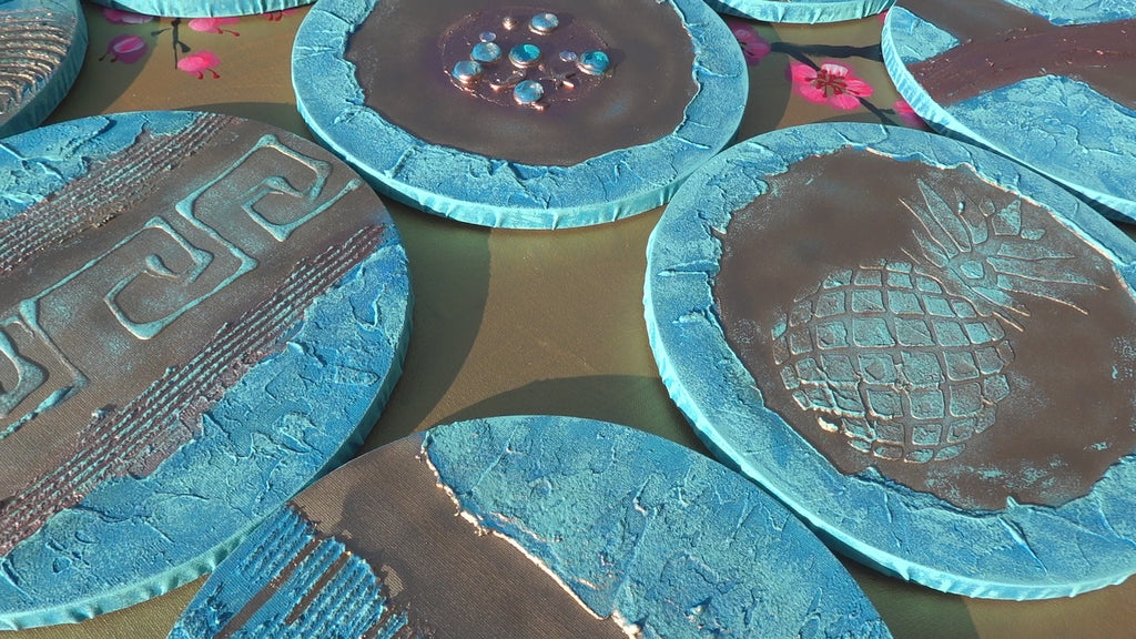 Gold Blue Abstract Painting A290 - Set of 9 Original Textured round Paintings by Ksavera