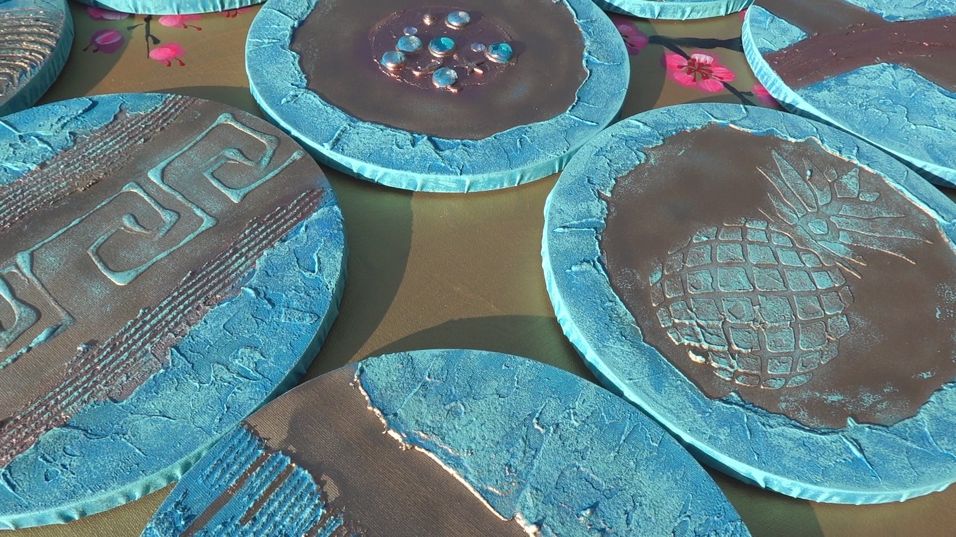 Gold Blue Abstract Painting A290 - Set of 9 Original Textured round Paintings by Ksavera