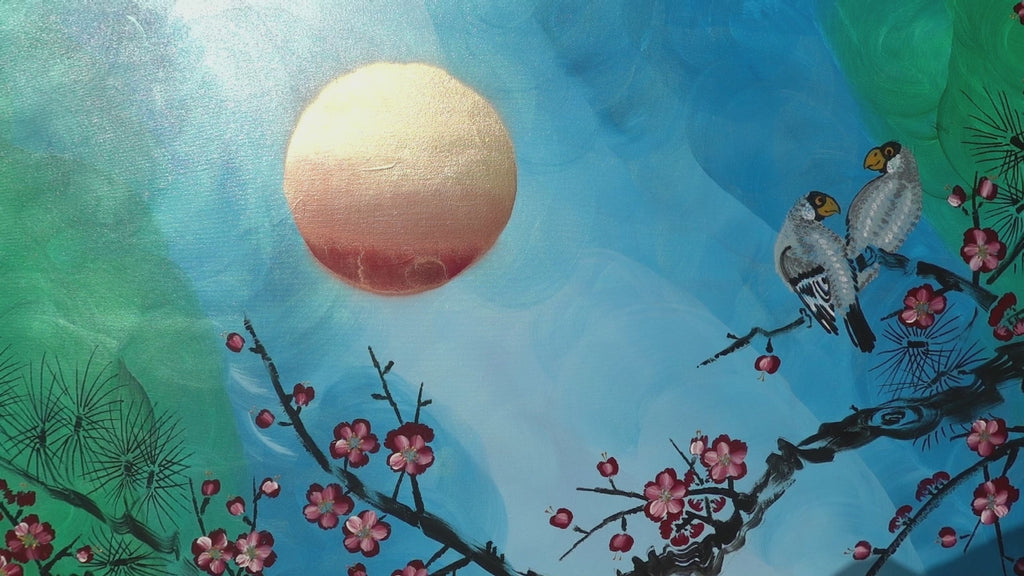 Liebesvögel und Sakura J478 — perlgrün | Japanische Malerei | Großes Acrylbild auf Leinwand | Ksavera