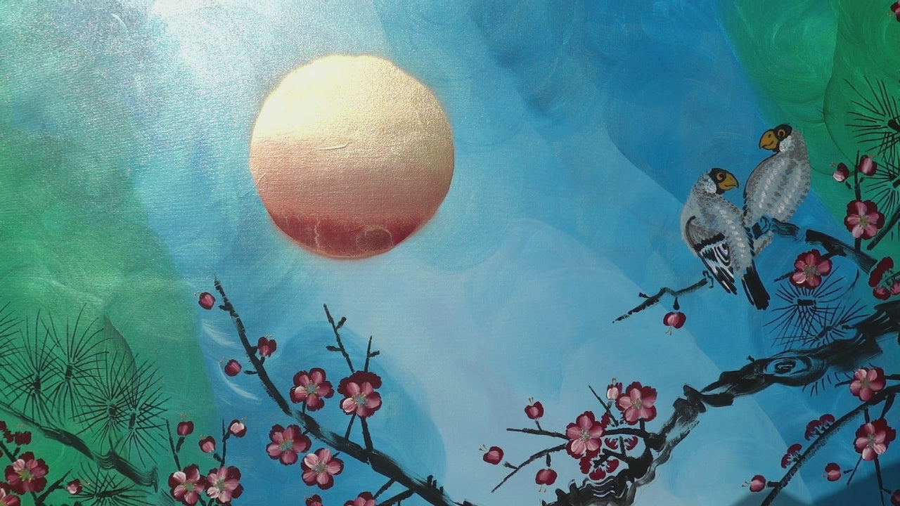 Liebesvögel und Sakura J478 — perlgrün | Japanische Malerei | Großes Acrylbild auf Leinwand | Ksavera