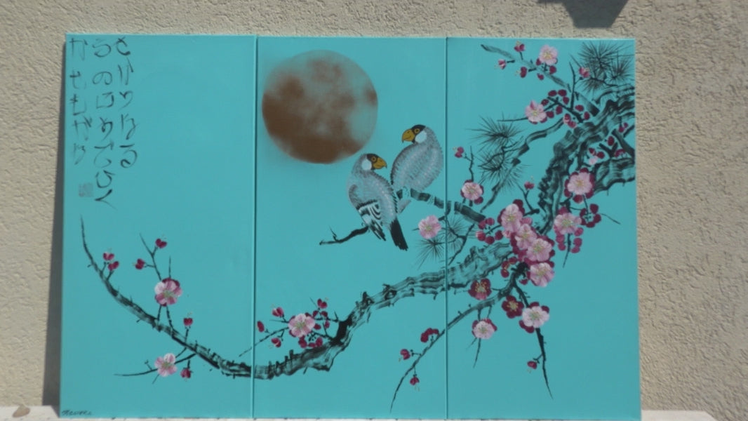 Sakura et oiseaux amoureux J290 est un grand triptyque japonais turquoise - Peinture acrylique originale sur toile tendue de l'artiste Ksavera.