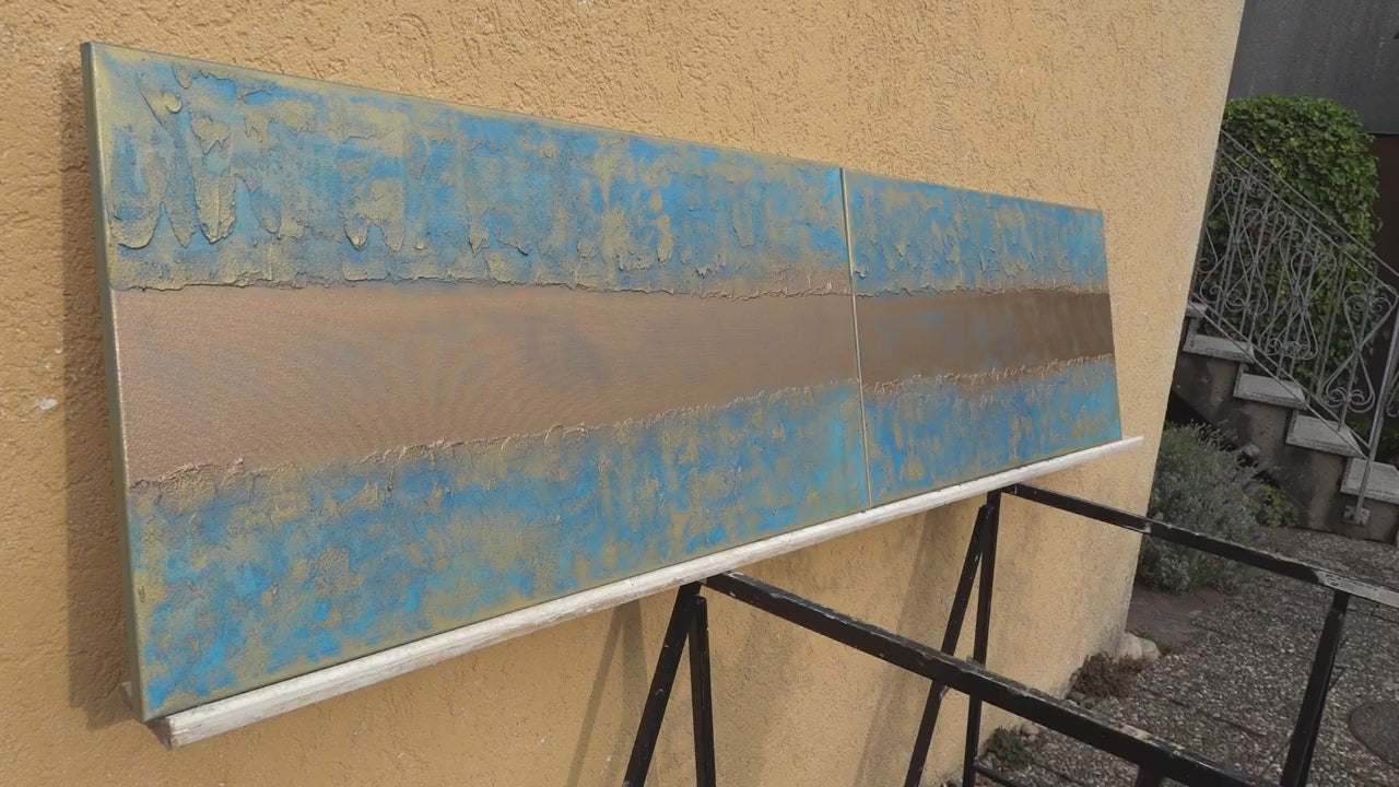 Gold blue Paintings “Abstract A999” - Textured Long Diptych by Ksavera