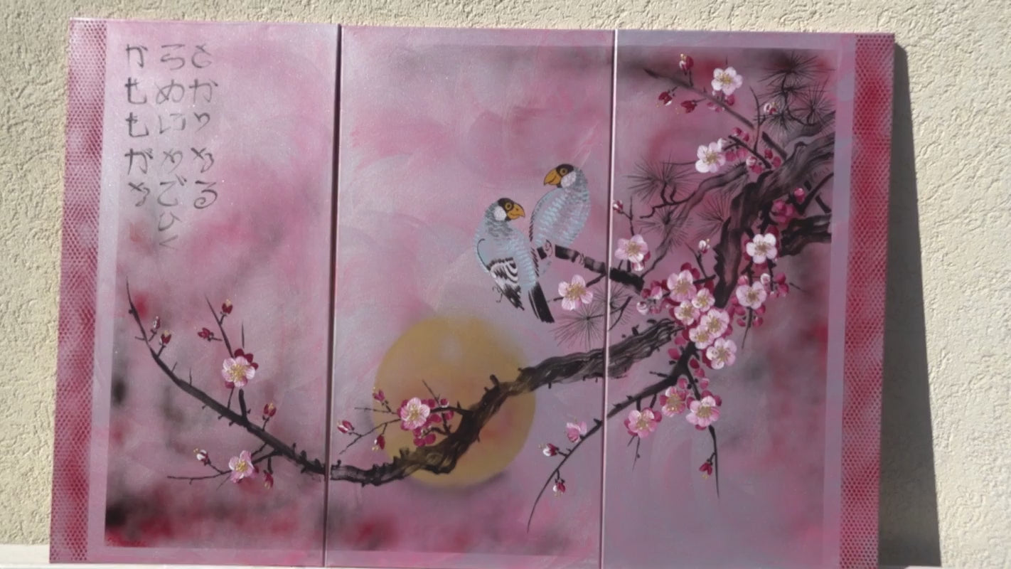 Birds and Sakura J245 - Japanese rose Triptych - Original Painting