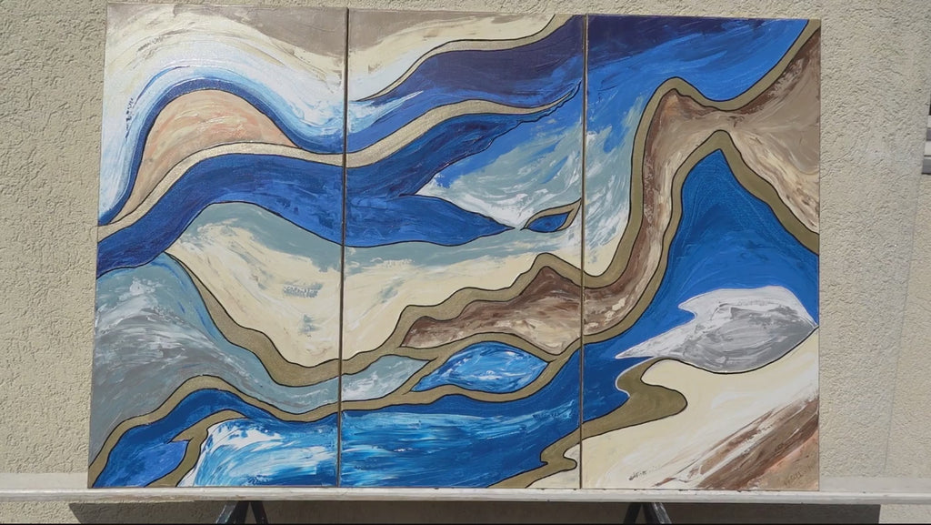 Gold blue Paintings “Abstract A793” - Large abstract Triptych by Ksavera
