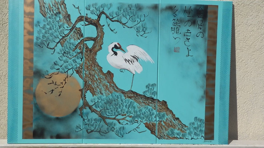 Japanese crane and pine J233 - Large turquoise triptych - original painting by Ksavera