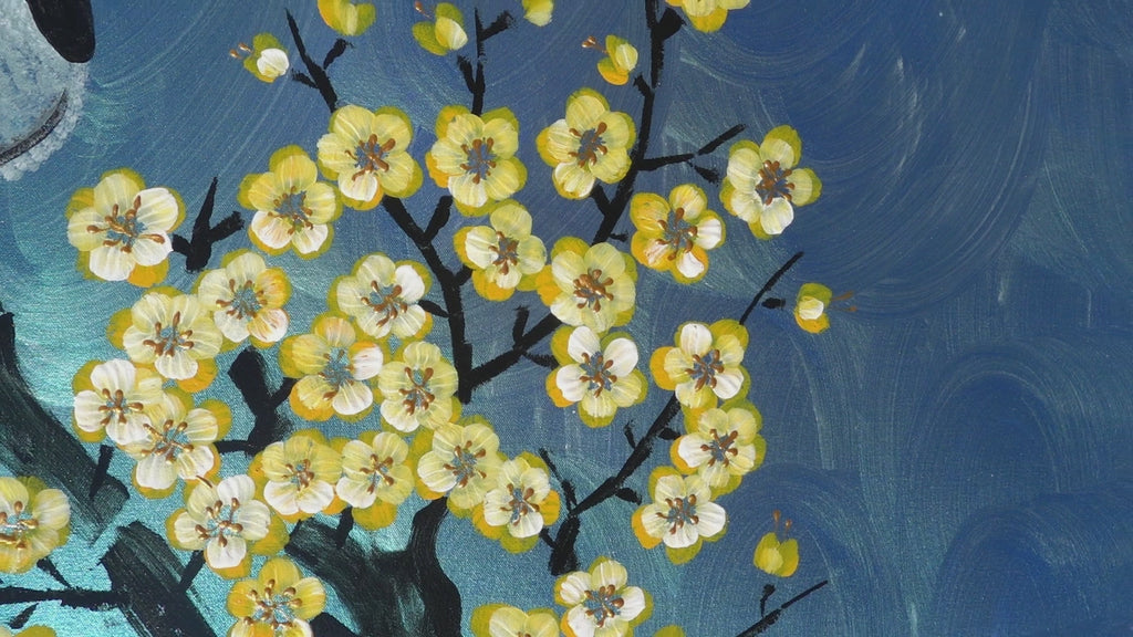 Love Birds and Sakura J489 is a large-scale Japanese-inspired turquoise emerald pearlescent painting.
Original Acrylic Painting on unstretched canvas by artist Ksavera.